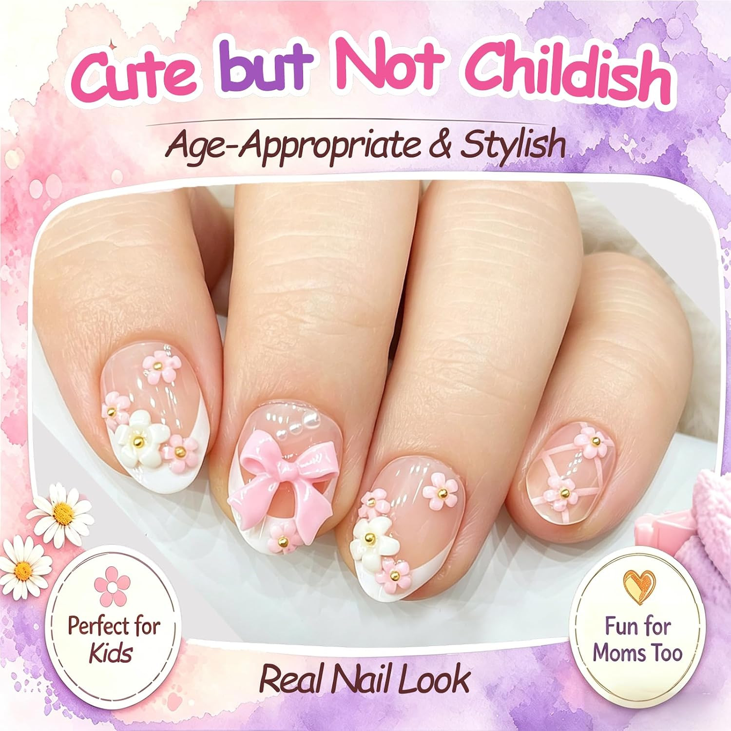 24Pcs Press on Nails for Kids, Trendy Ballet Bow & Flower for Girls 8-12 | Almon