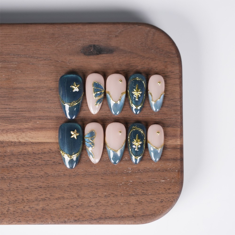 Handmade Gold Star Press on Nails Blue Nude Medium Almond Butterfly Ombre Accent