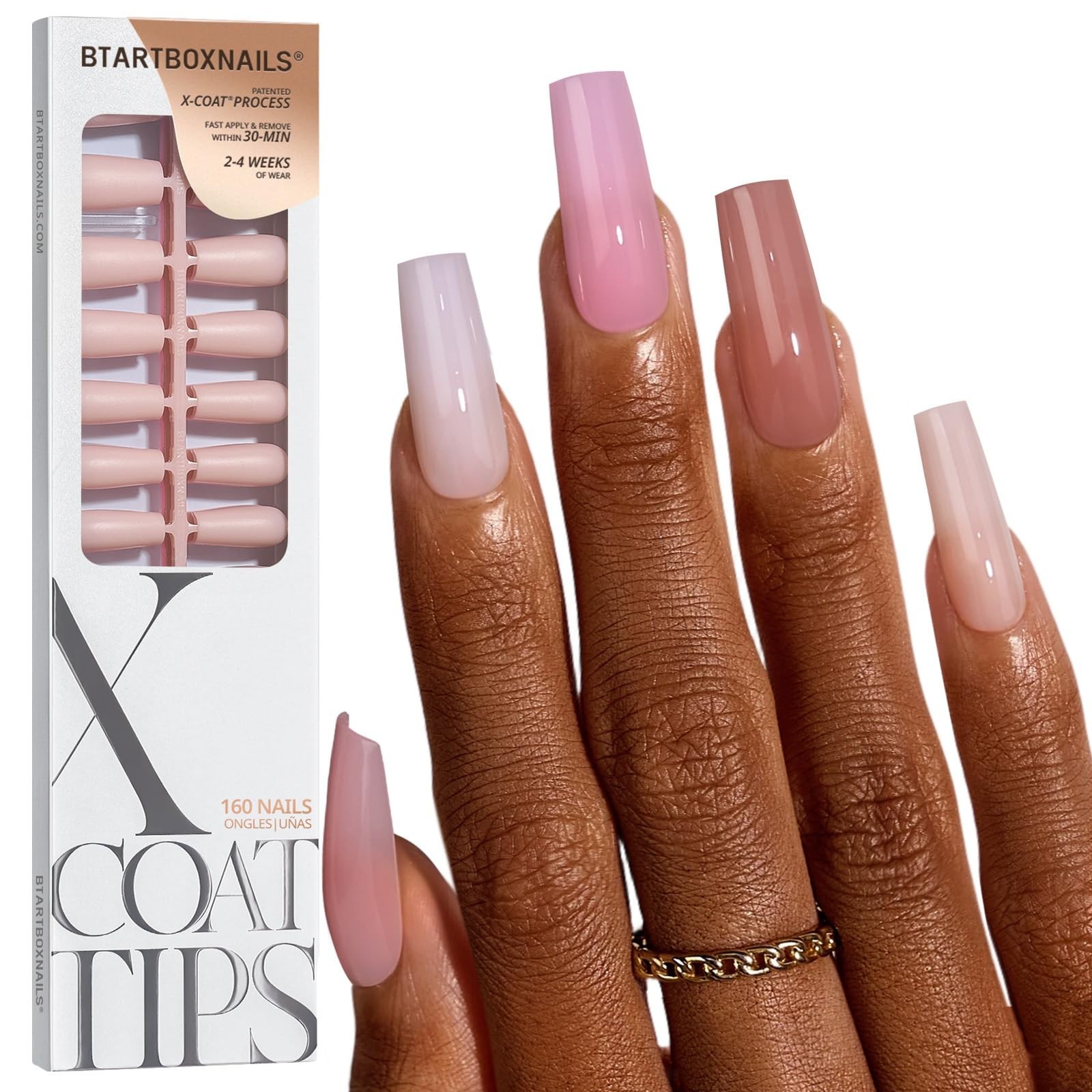 5-Shade Nude Press-On Nails – Long Coffin Style, 4-Week Wear, Easy Apply, 16 Siz