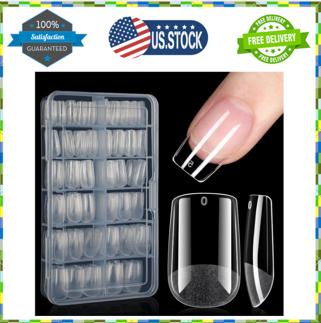 Short Square Gel Nail Tips – Full Cover Clear Half Matte Acrylic Press on Nails