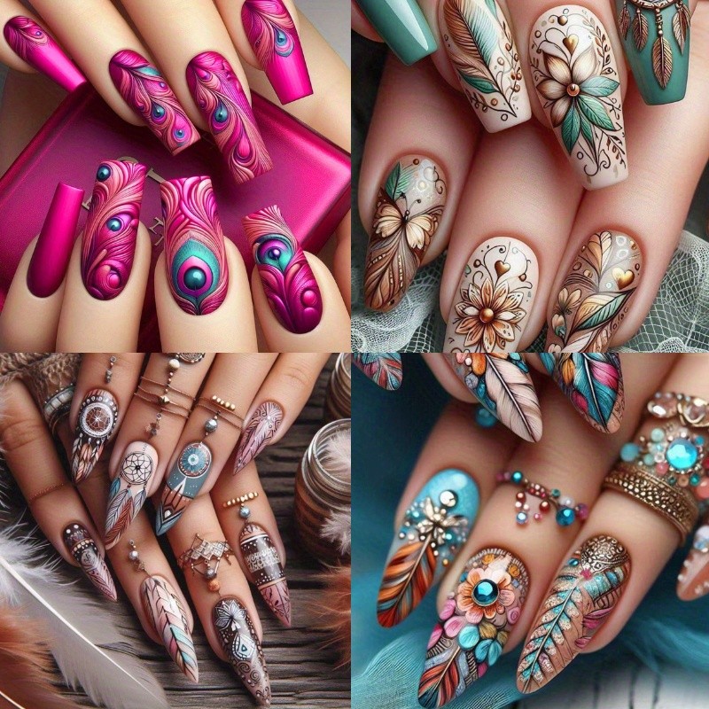 96PCS Press on Nails Feather Peacock Long Stiletto Colorful Reusable Fake Nails