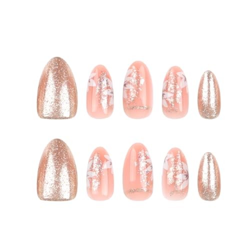 24Pcs Press on Nails Short Almond Shape Fake Nails with Flower Designs Glitter
