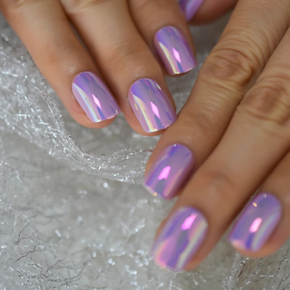 24 Short Press on Nails kit w glue Pink Purple Holographic chrome chameleon