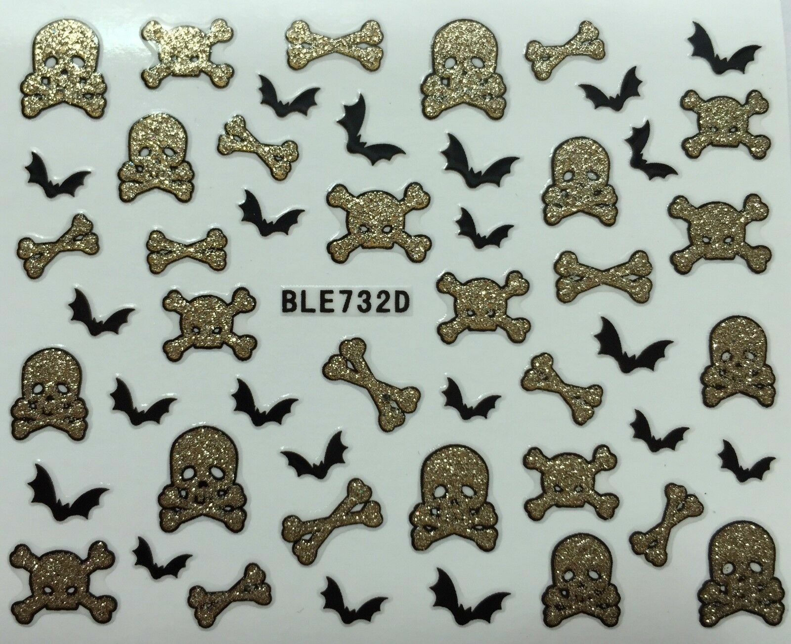 Nail Art 3D Glitter Decal Stickers Skull Bones Bats Halloween BLE732D