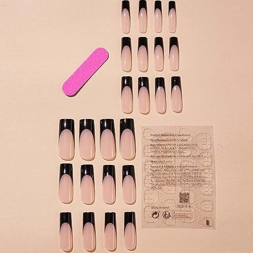 French Tip Press on Nails Long Coffin Black Fake Nail with Design on Nail for