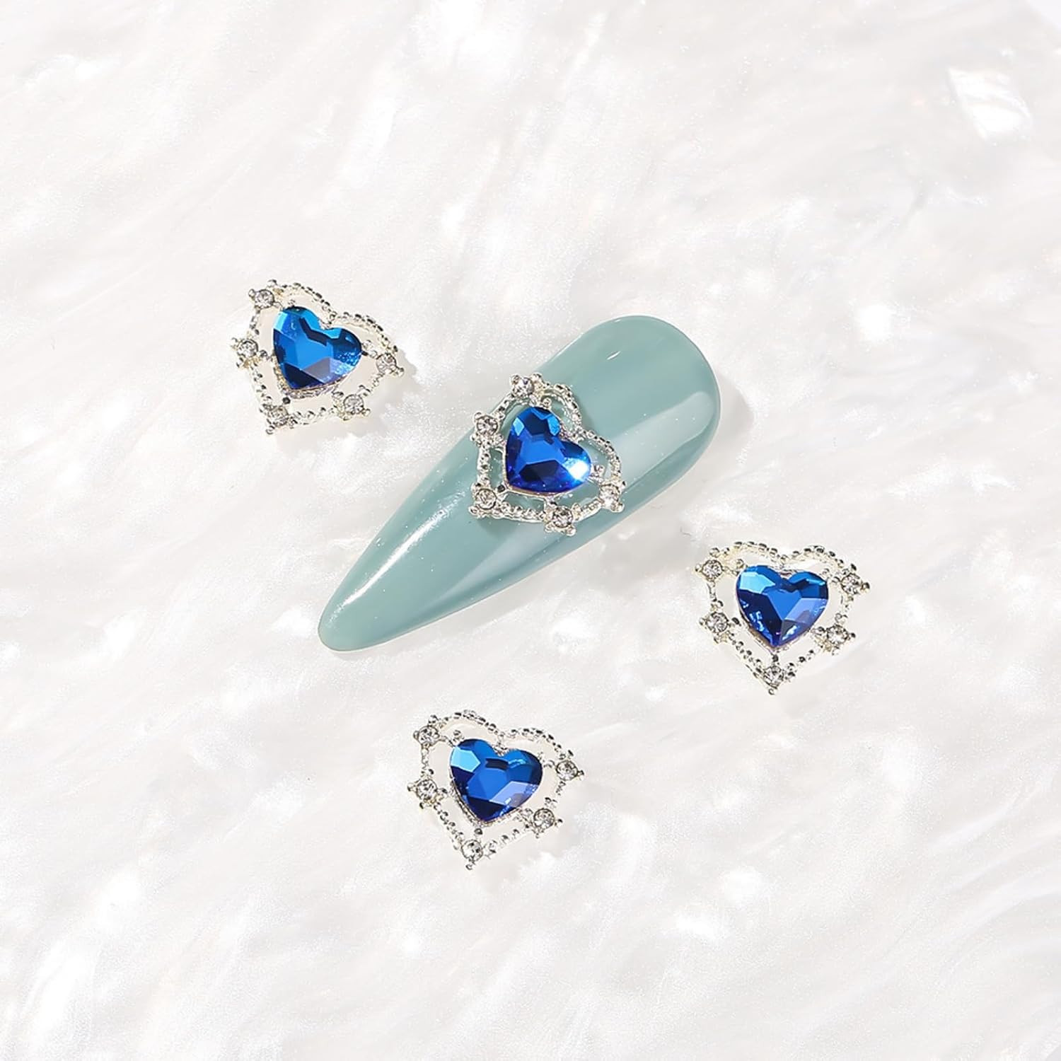 650Pcs 3D Nail Charms Set with Rhinestones, Pearls, and Metal Gems (Blue)