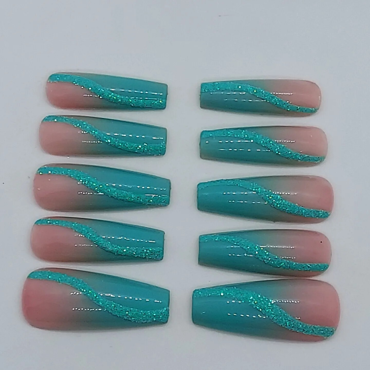 Ocean Beach Wedding Nails Teal Turquoise Glitter Sugar Swirl Press on Nails