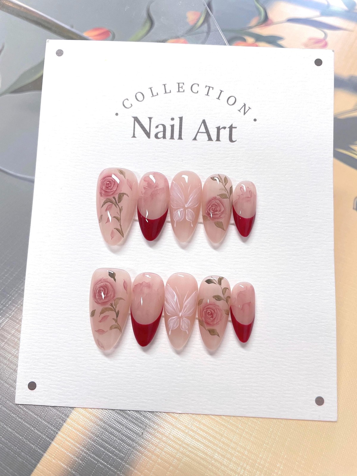 Handmade Custom Red French Tip Watercolor Rose Butterfly Almond Press on Nails