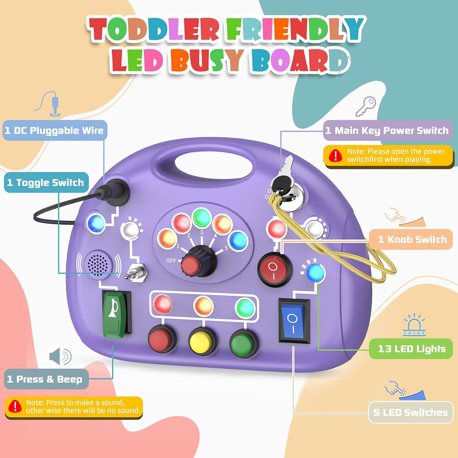 Toddler Baby Busy Board with LED Light, Montessori for 1+ Purple