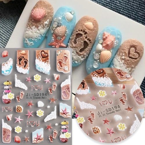 4 Sheets Summer Nail Art Stickers Decals 5D Embossed Self-Adhesive Ocean
