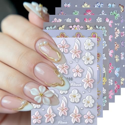 Flower Nail Art Stickers Decals 6PCS 5D Embossed Hibiscus Nail Stickers Self
