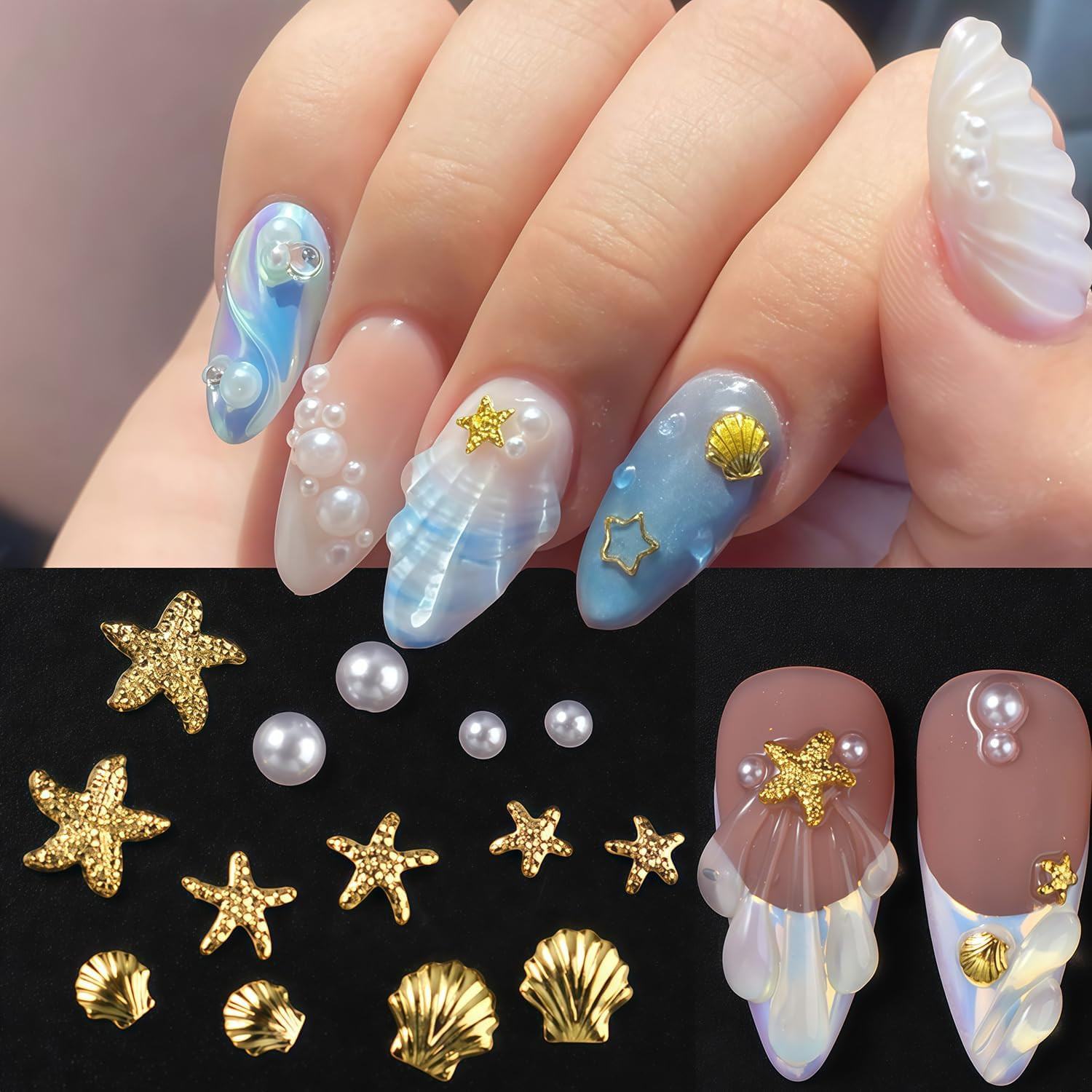 Summer Beach Nail Charms Pearl Shell Starfish Nail Rhinestones Ocean Style Nail