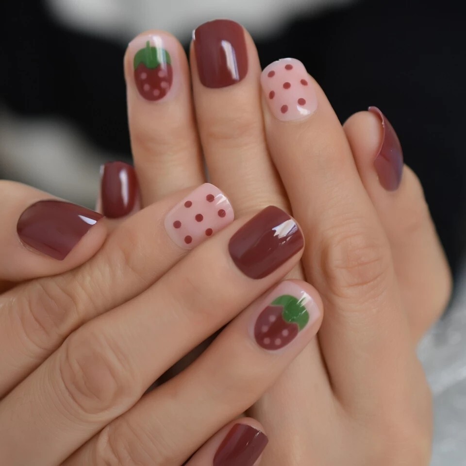 24 Short Red Berry press on nails glue on classic manicure strawberry fruit cute
