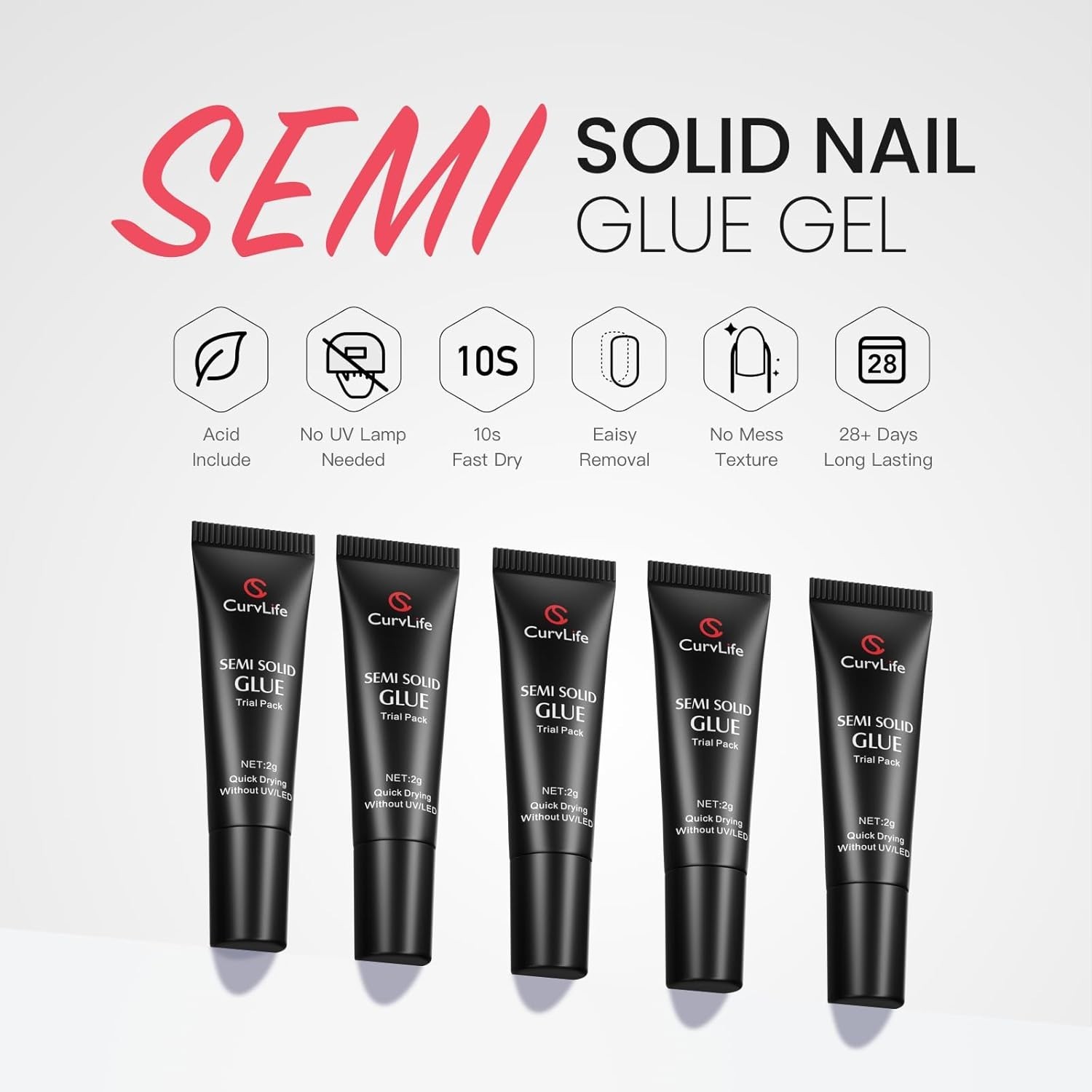 CurvLife Nail Tips Semi-Solid Nail Glue Gel, Super Strong Adhesive 5-Pack