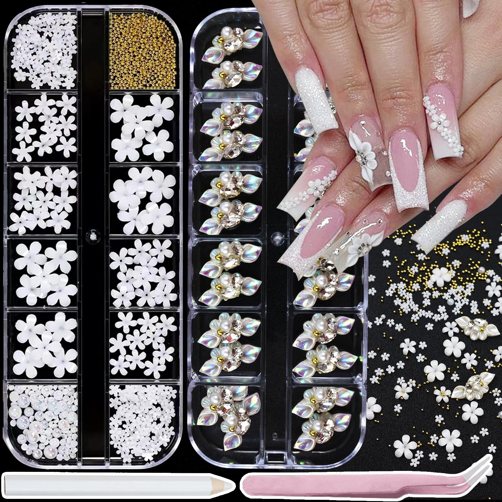 SEMATA 3D Flower Nail Art Charms Flatback White Nail Gems Pearls for Women | …