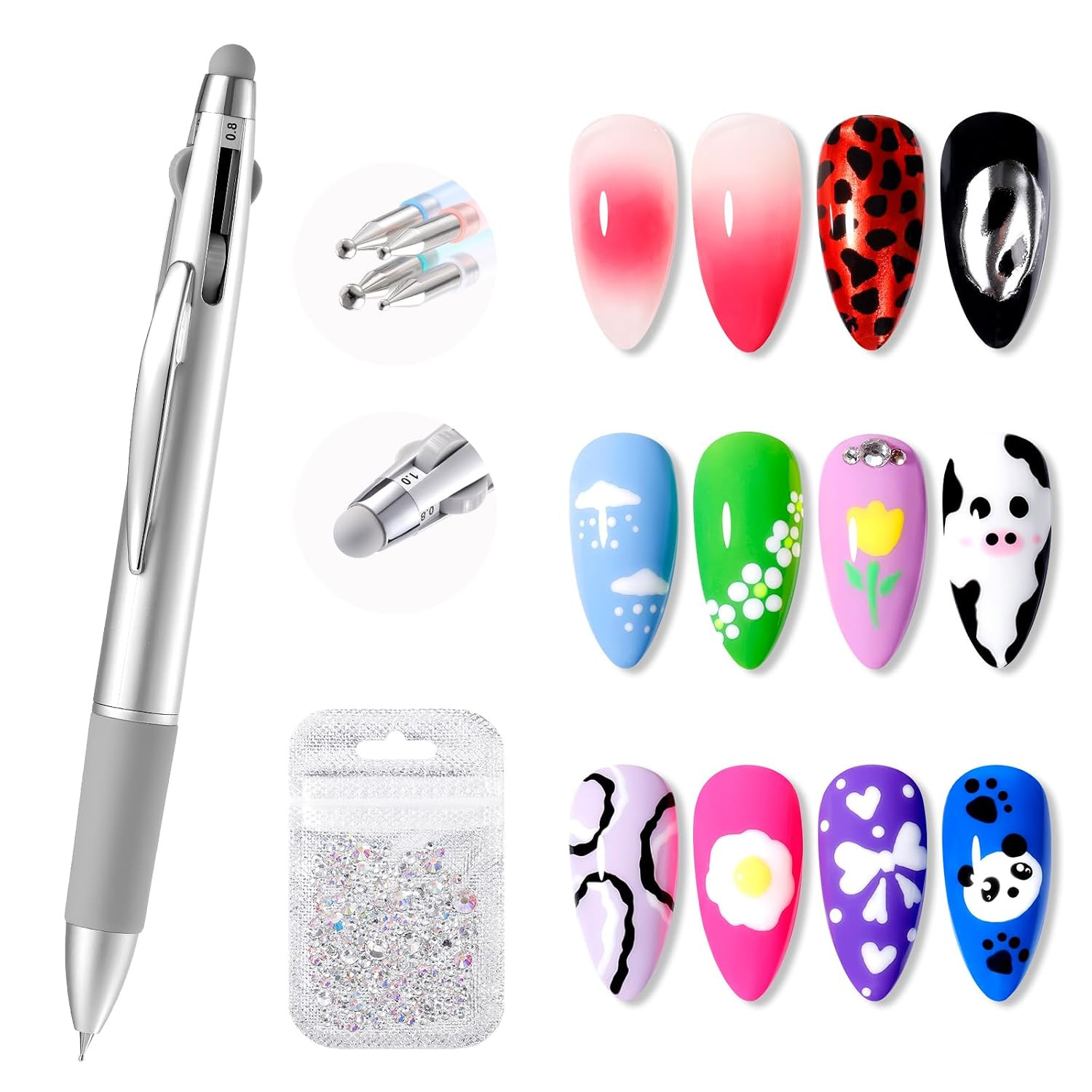 5-In-1 Nail Dotting Pen with Ballpoint Pen Design & Nail Rhinestones, Double-End