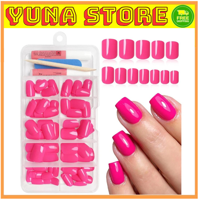 Square Press on Nails Short, 120Pcs Glossy Hot Pink Fake Nails Full Cover Acryli
