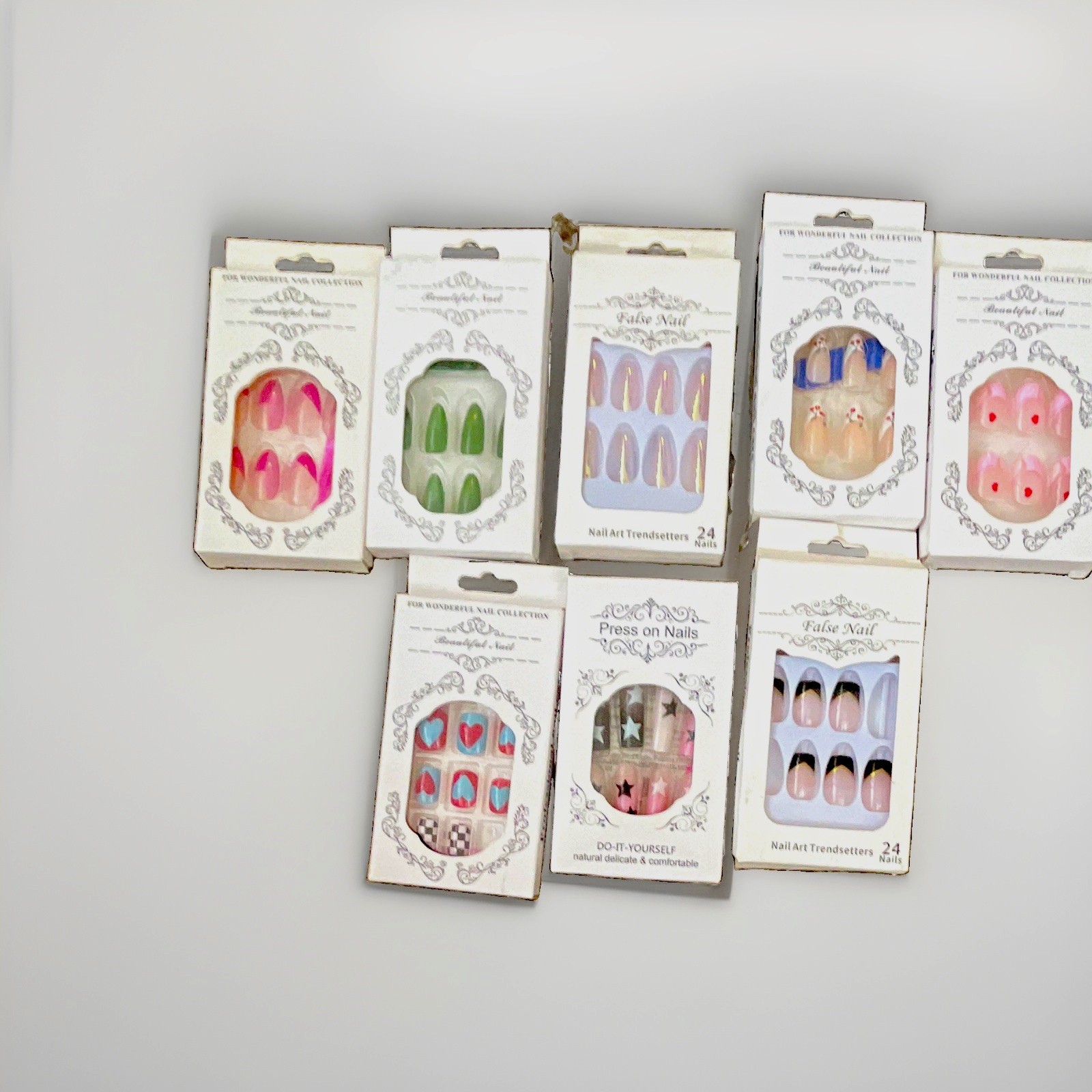 Pre-Designed Press-On Nails Set Lot of 7 Short Square Multicolor Shiny Stars