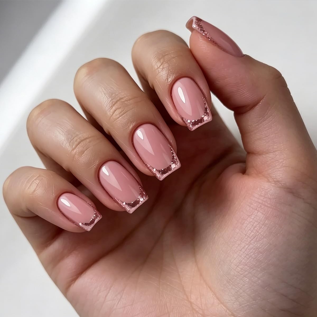 Press on Nails French Tip Fake Nails Short Square False Nails Pink Glitter Ac…