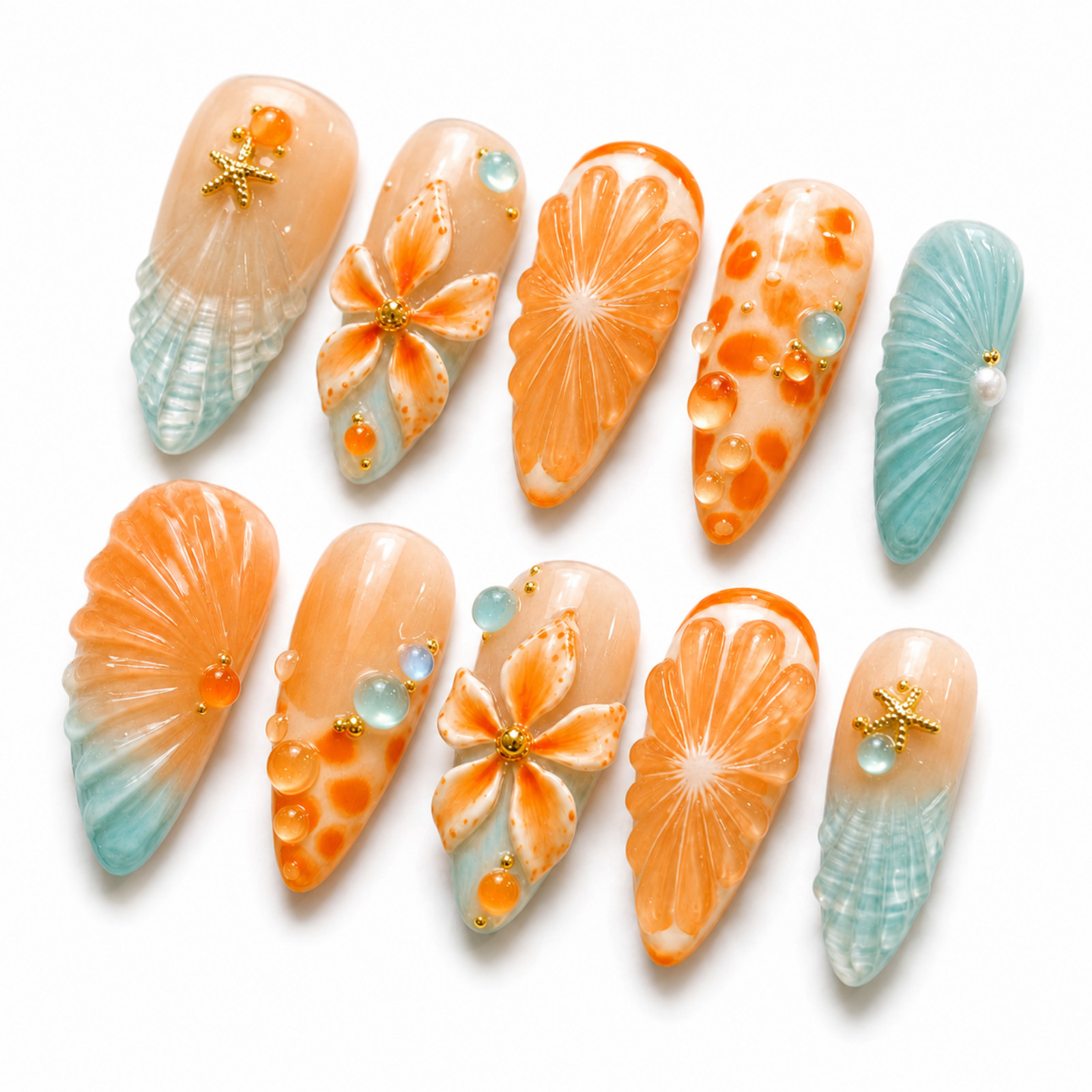 Handmade Orange 3D Floral Press On Nails Seashell Pearl Starfish