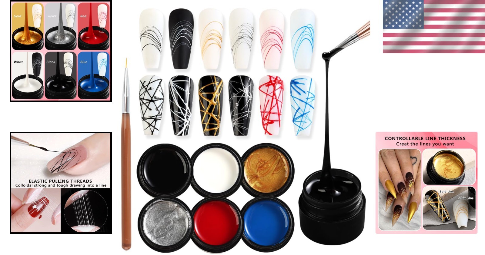 6 Colors Spider Gel Set Elastic Drawing Spider Gel with Nail Art Brush White