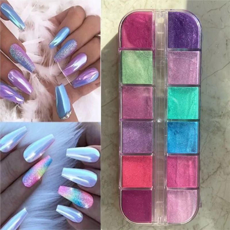 12 Grids Mirror Effect Mermaid Nail Powder Holographic Pearl Chrome Pigment Fine