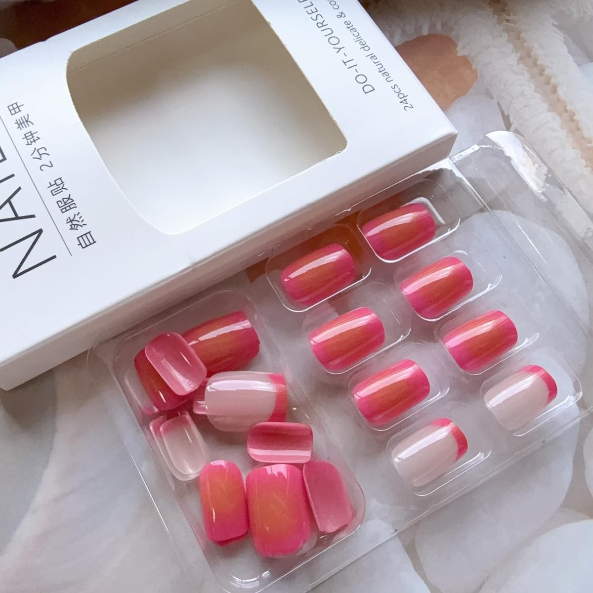 Short Square Press on Nails French Fake Nails Summer Glue on Nails Hot Pink A…