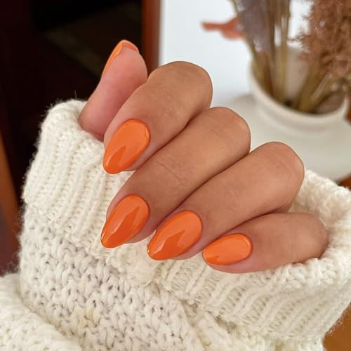 Orange Press on Nails Short Oval Round Nails Glue on, Fall Winter oval orange