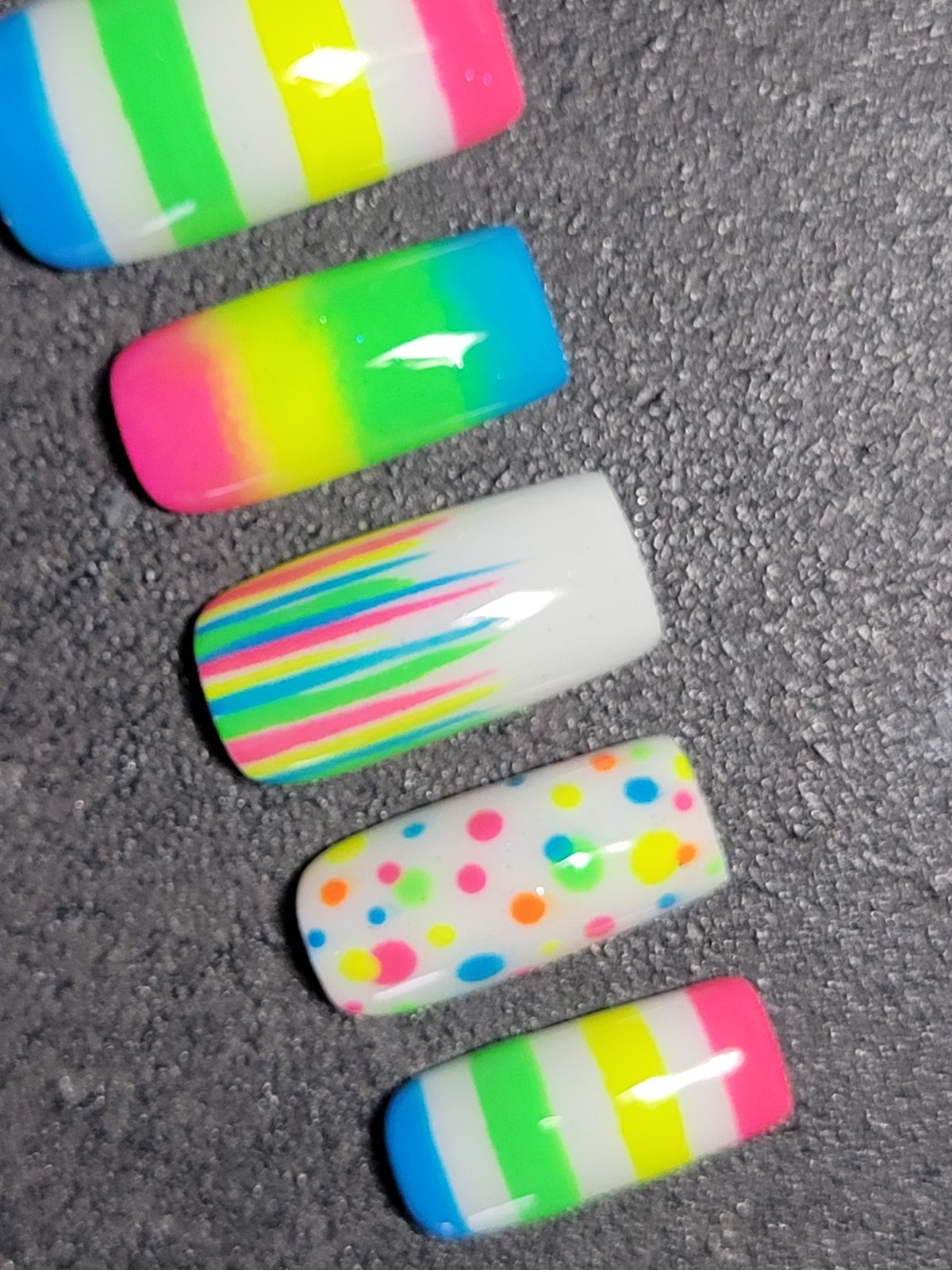 Custom Gel Press on Nails Handmade 10 pc set LARGE Neon Rainbow Dot Stripe Ombre
