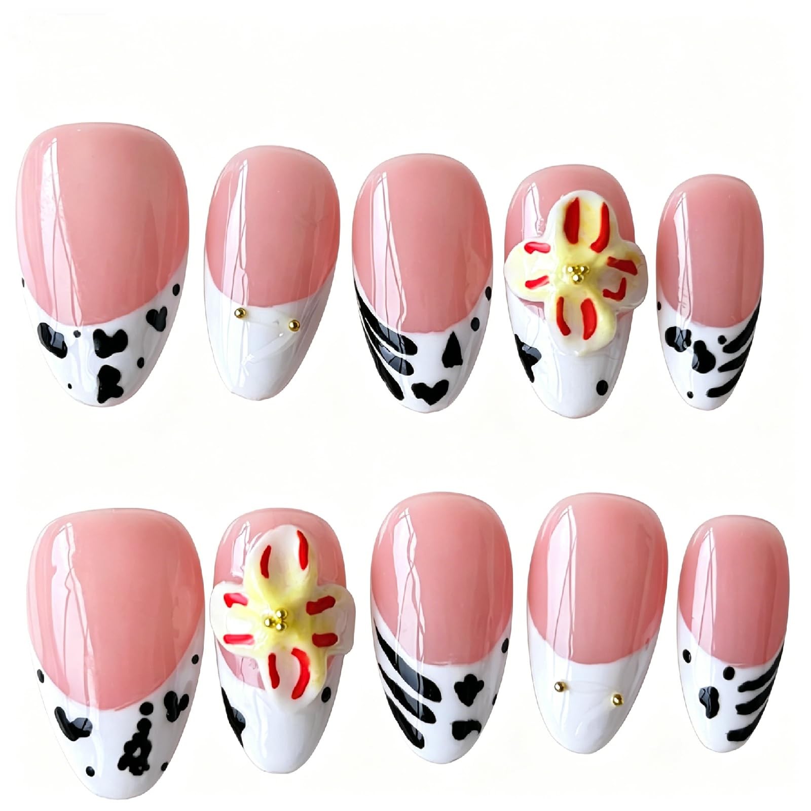 Cute Handmade Press on Nails 3D Flower and Cow Print French Tips Almond Fake …