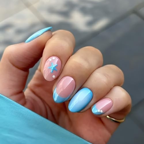 Summer Press on Nails – Short Almond Fake Nails – French Tip – Blue Ocean – 2