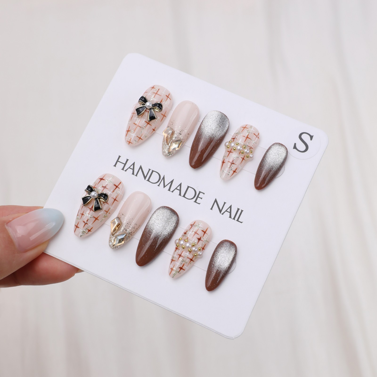 Medium Almond Press On Nails Nude Brown Plaid Bow Pearl Glitter Party Nail Set