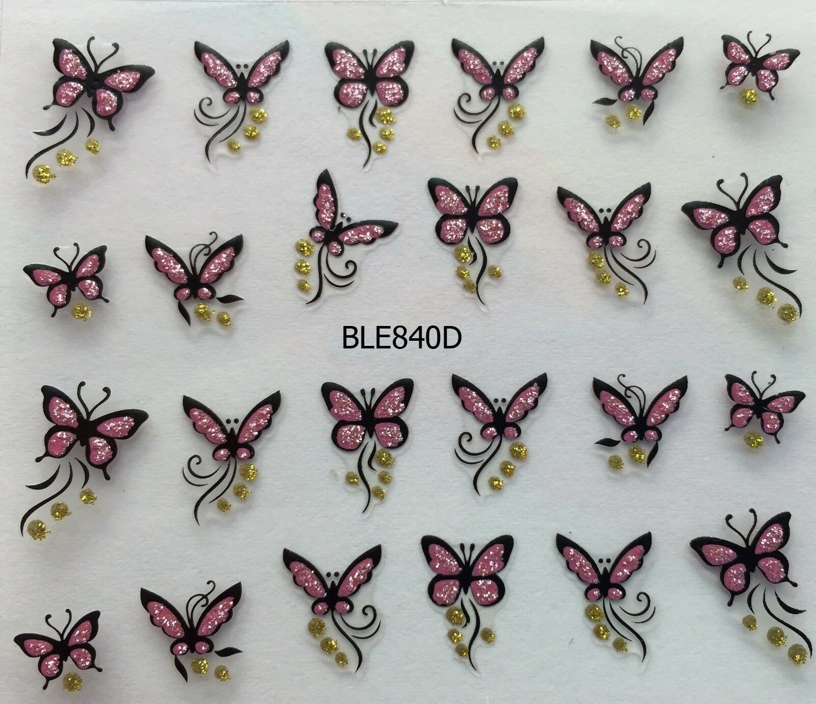 Nail Art 3D Glitter Decal Stickers Gold & Purple butterfly BLE840D
