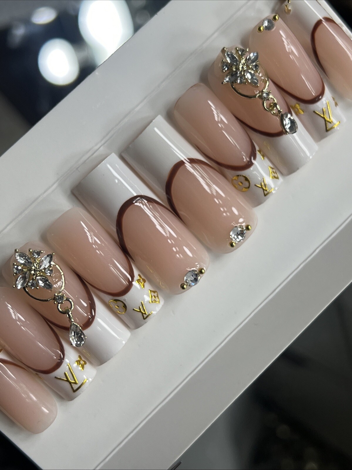 💎 CUSTOM Hard Gel Press On Nails, BLING NUDE , 10p FULL SET W Kit LONG SQUARE