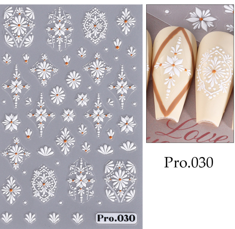 5D Embossed White Sakura Daisy Camellia Flowers Decal Nail Stickers Slider NS52