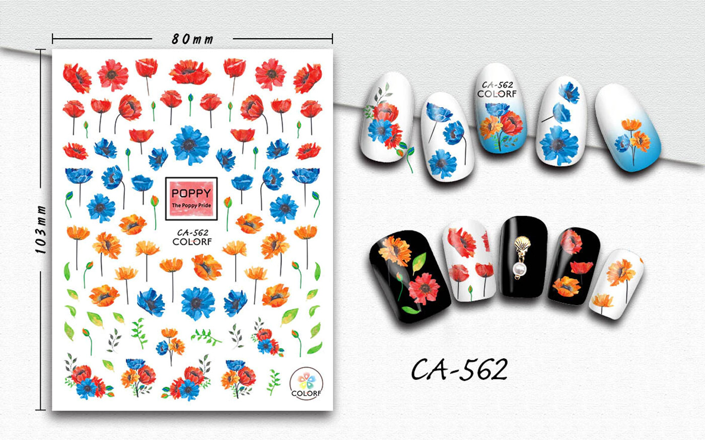 Nail art 3D stickers decal red blue orange poppies green leaves CA562