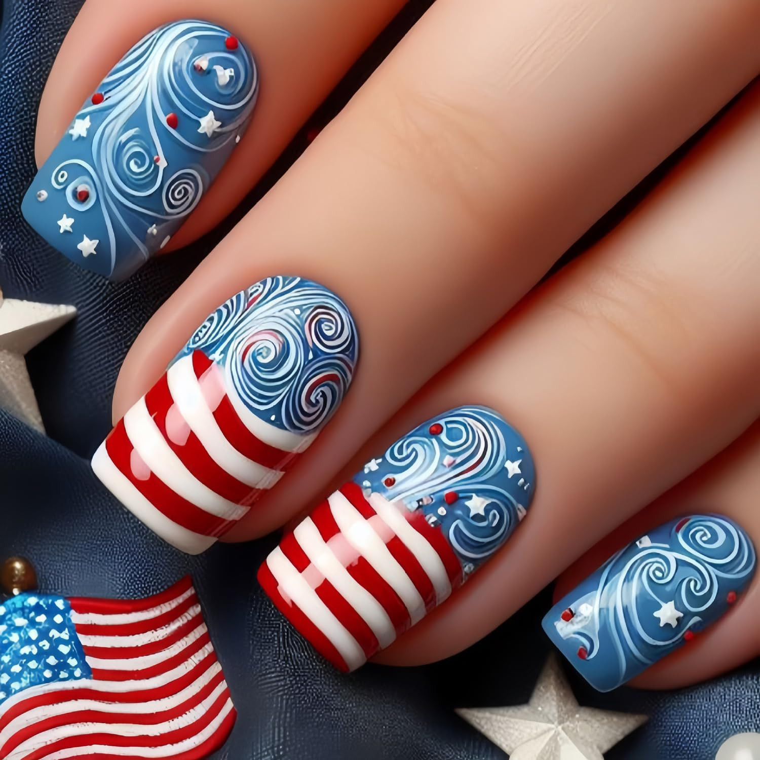 Independence Day Press on Nails Medium Square Stars Glitter Powder Sequins Desig