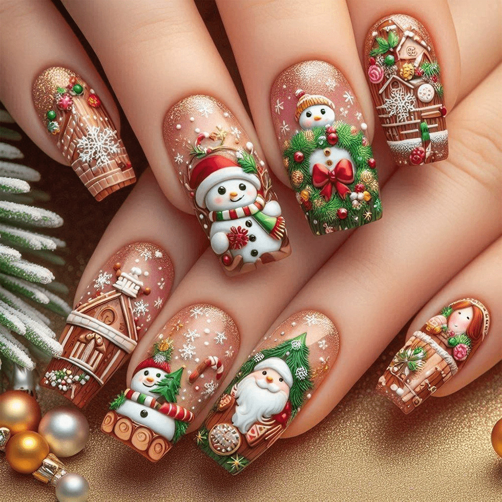 48pcs Christmas Press On Nail Santa Festive Holiday Reusable False Nail 5 Style