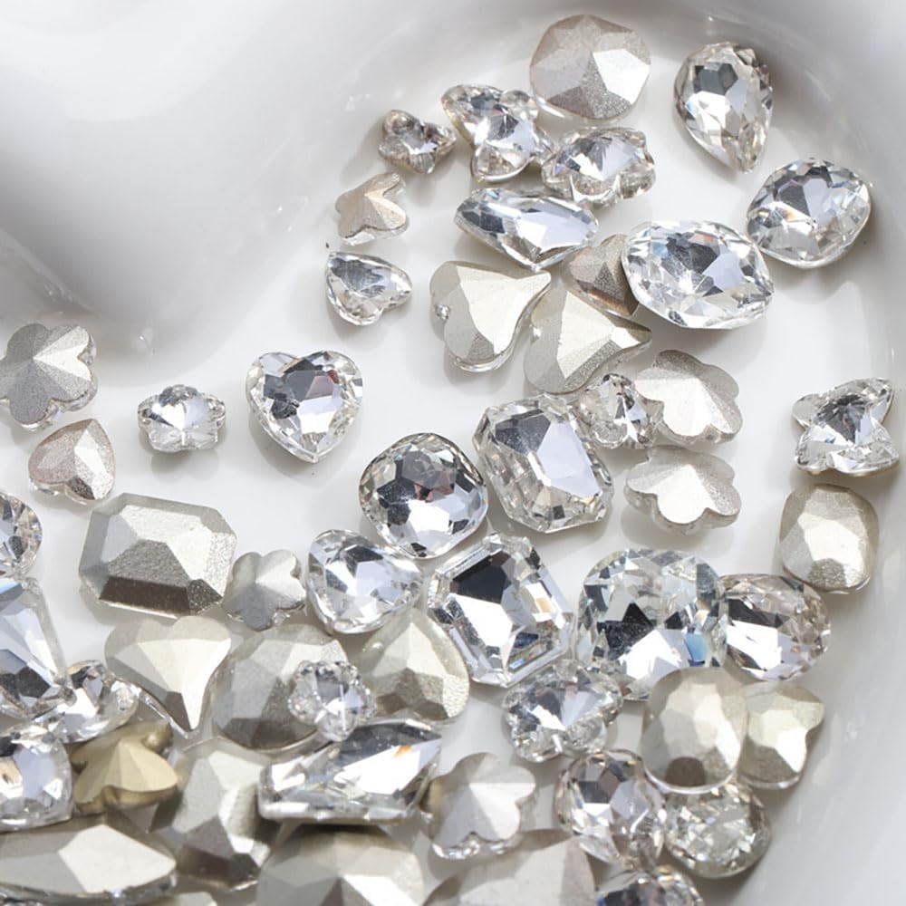 48Pcs Clear White 3D Nail Rhinestones Charms, Heart Butterfly Star Flower