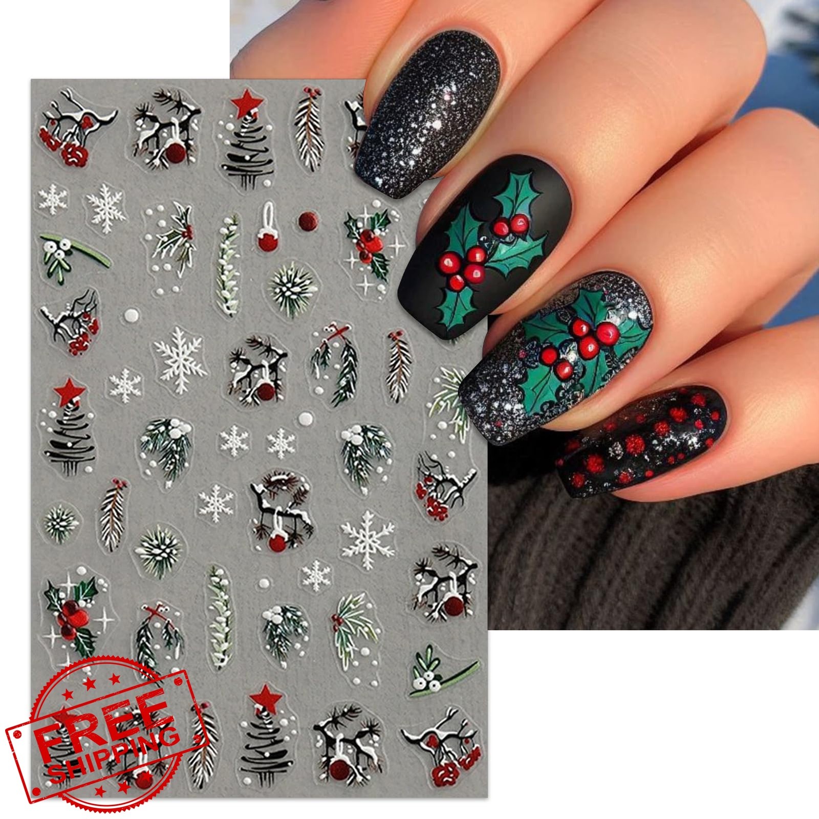 IDDFEVE Christmas Nail Stickers Holly Leaf Berries 4 Sheets