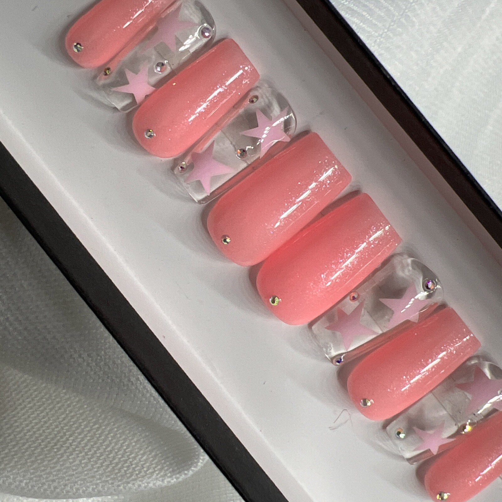 🔥 CUSTOM Gel Press On Nails, LIGHT PINK WHITE W BLING 10p FULL SET W Kit
