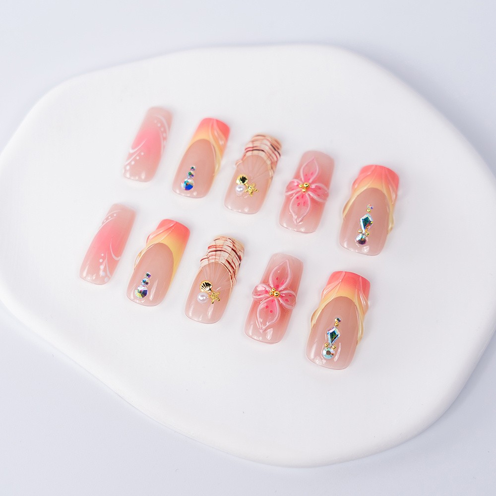 10pcs Peach Gradient Square Nails 3D Flower Gems Tropical Summer Style
