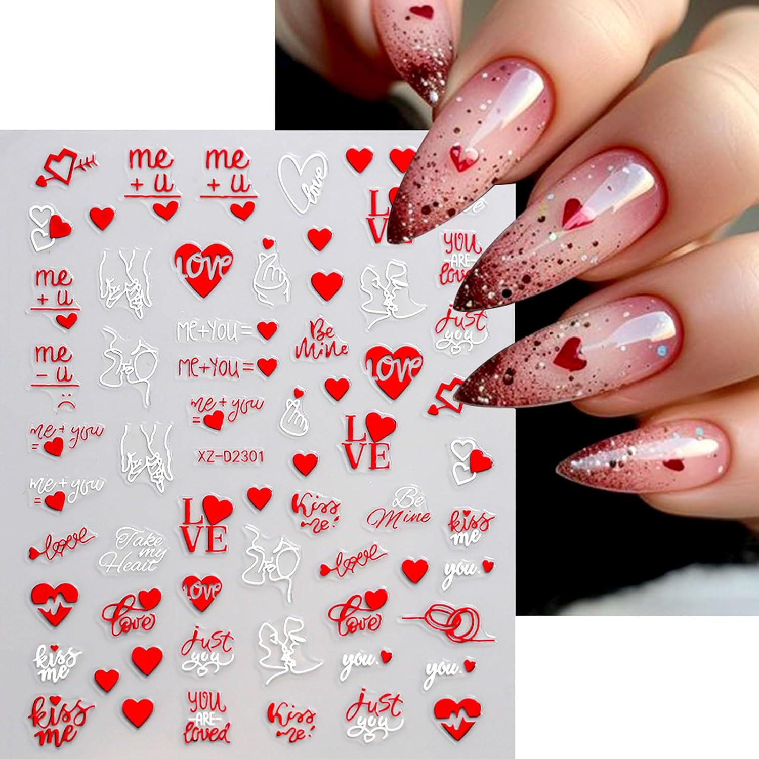 6 Sheets Valentine’S Day Nail Stickers, 3D Red & White Heart Nail Art Decals, Gl