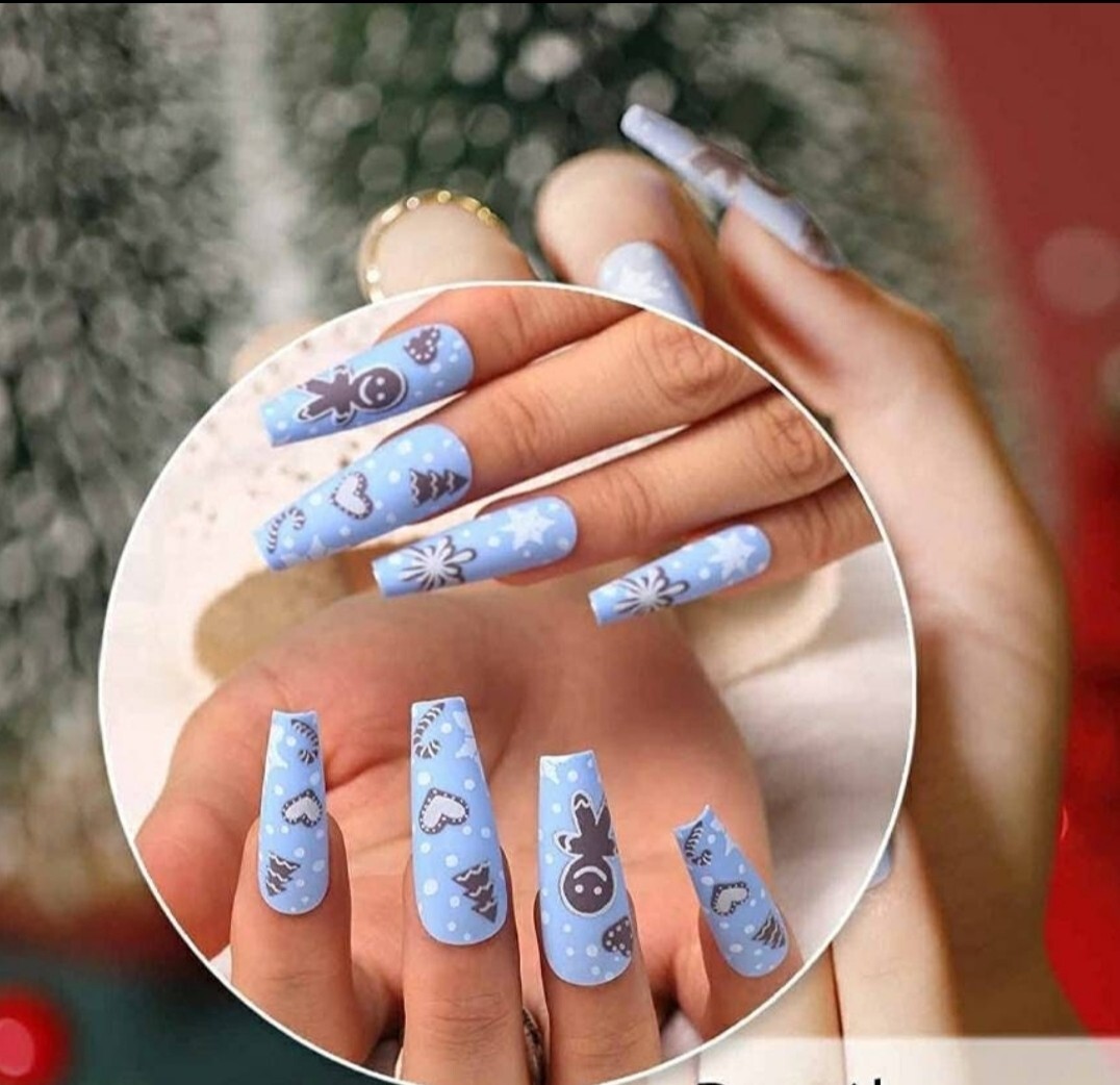 24 Matte Blue Christmas Press on nails kit glue on snow flake festive winter