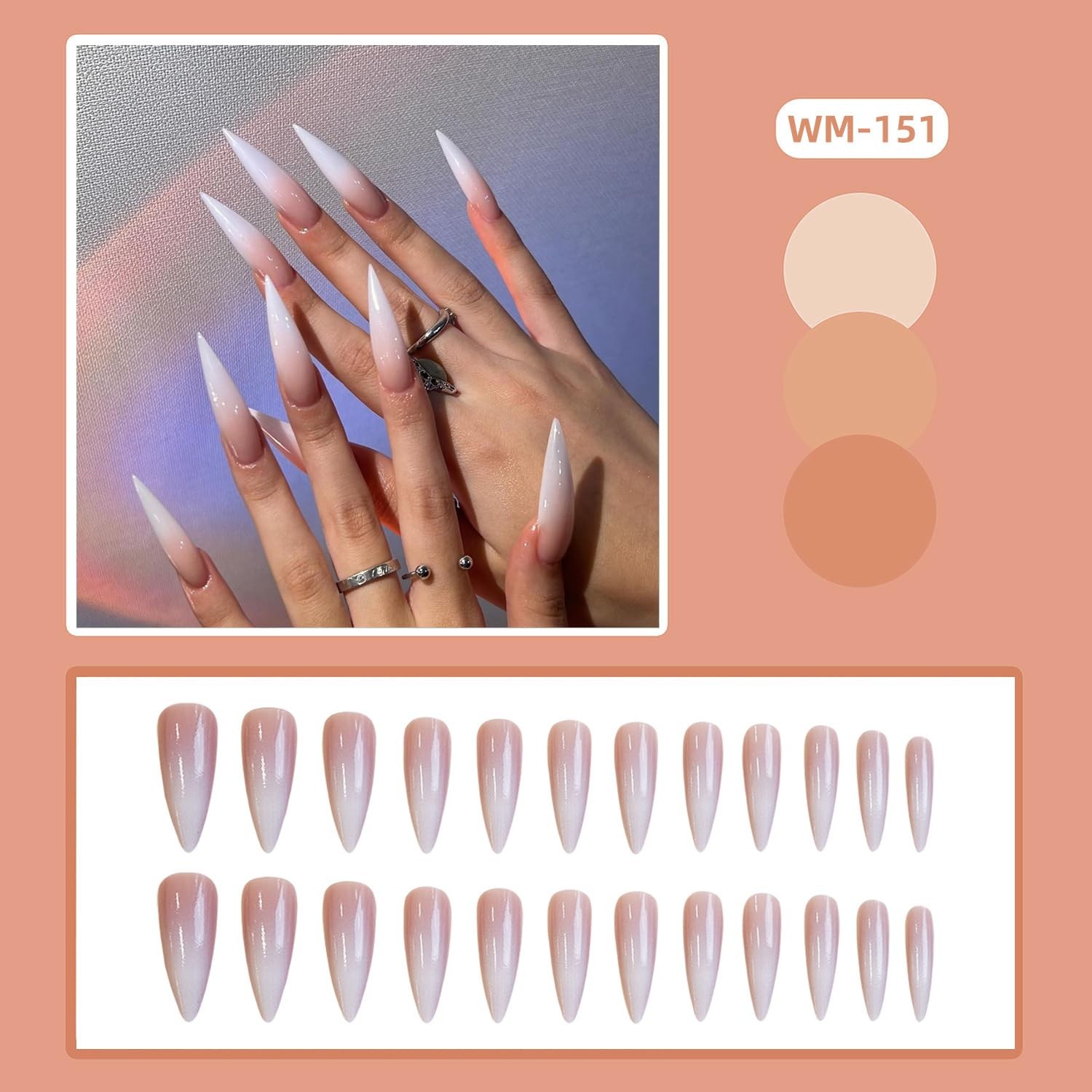 Stiletto Press on Nails Nude Fake with Gradient Long, multicolor