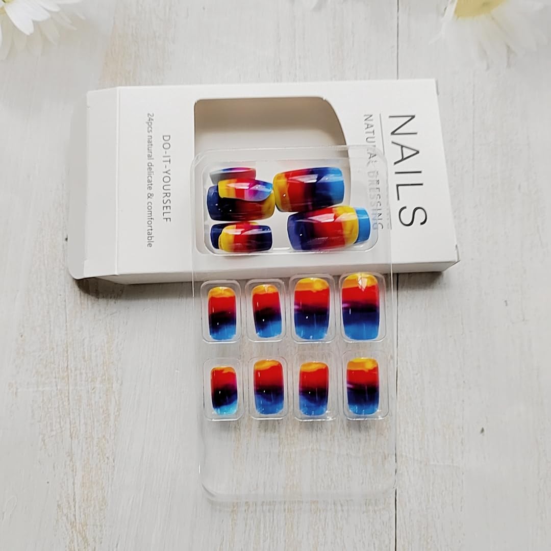 Short Press On Nails Square Fake with Sunset Blending Designs – Q21