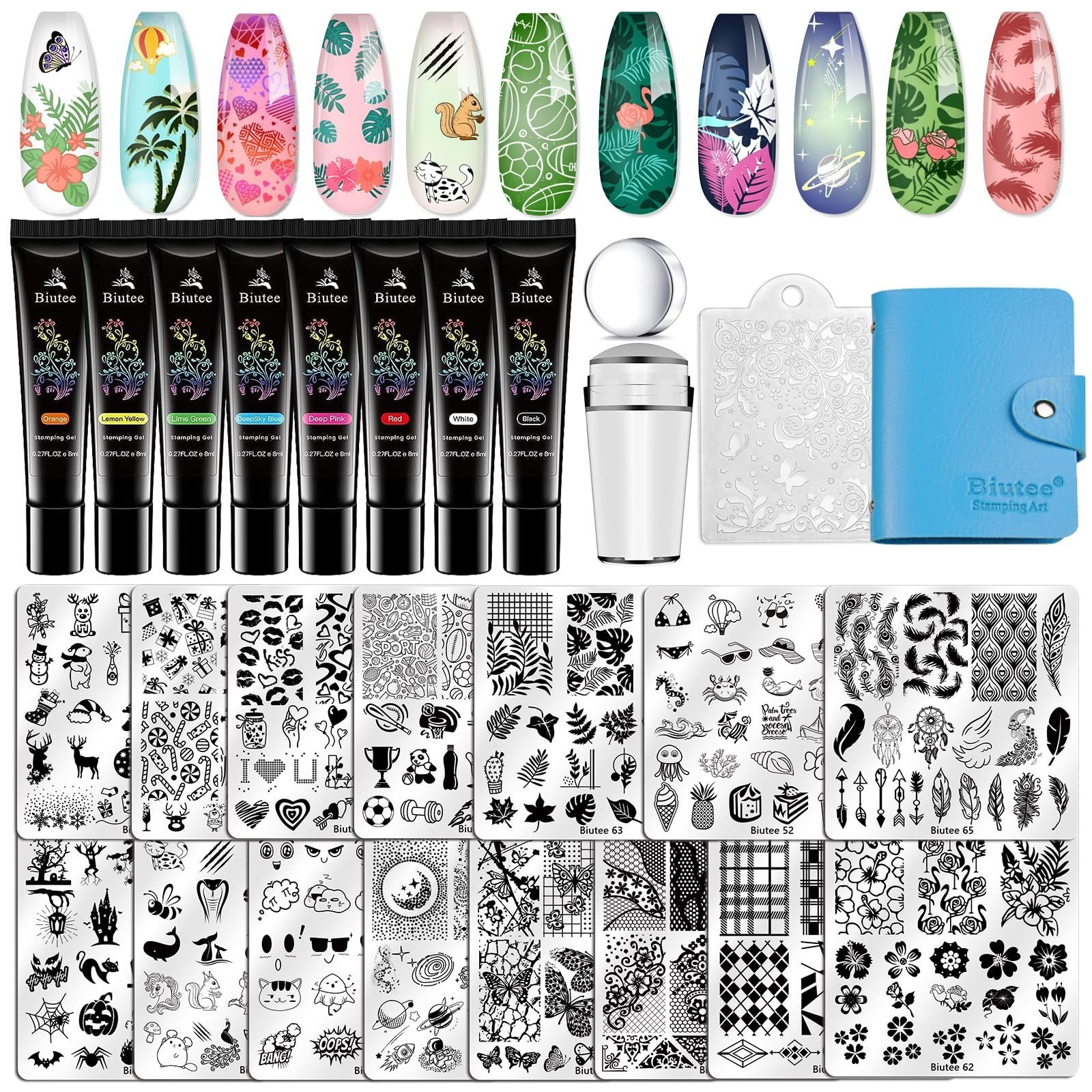 15PCS Nail Art Stamping Kit – Gel Polish, Stamper, Scraper & Storage Bag – DIY L