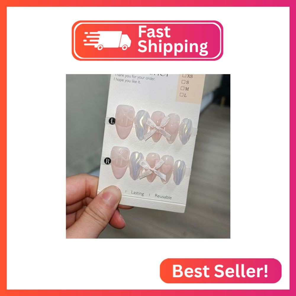 TENPAL Lovely Sweet Cute Pink Nails Aurora Glitter French Tip Press On Nails Sho
