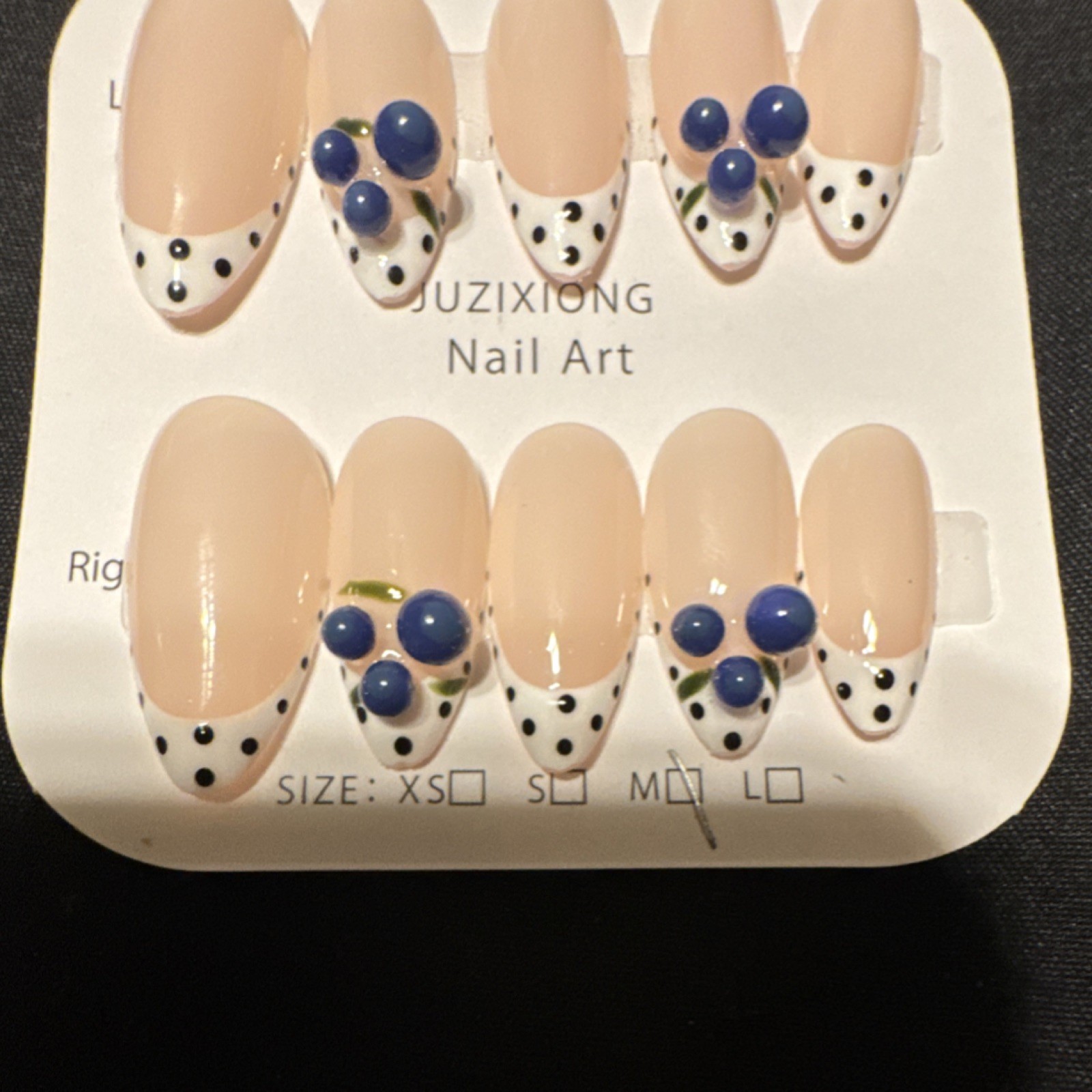 JUZIXIONG 3D Almond Medium Press-On Nails Nude Blue Polka Dot Full Cover