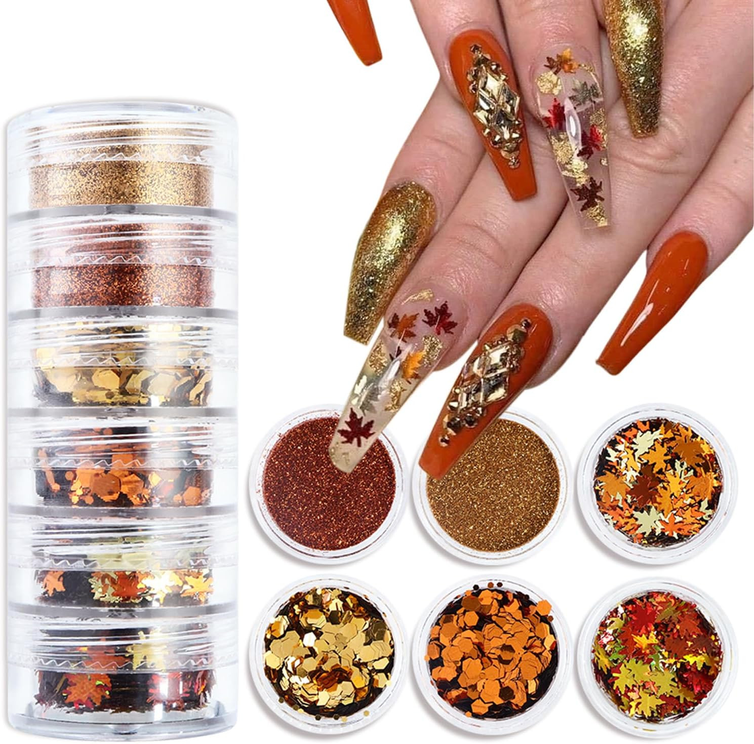 6Boxes Fall Nail Glitters 3D Gold Maple Leaf Nail Art Glitters Autumn Decoration